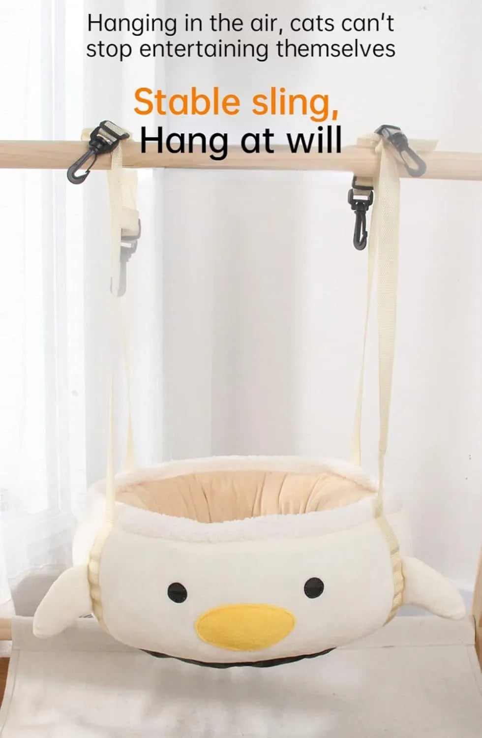 Green chick-shaped cat bed shown both flat as a sofa and hanging as a hammock for a small cat.