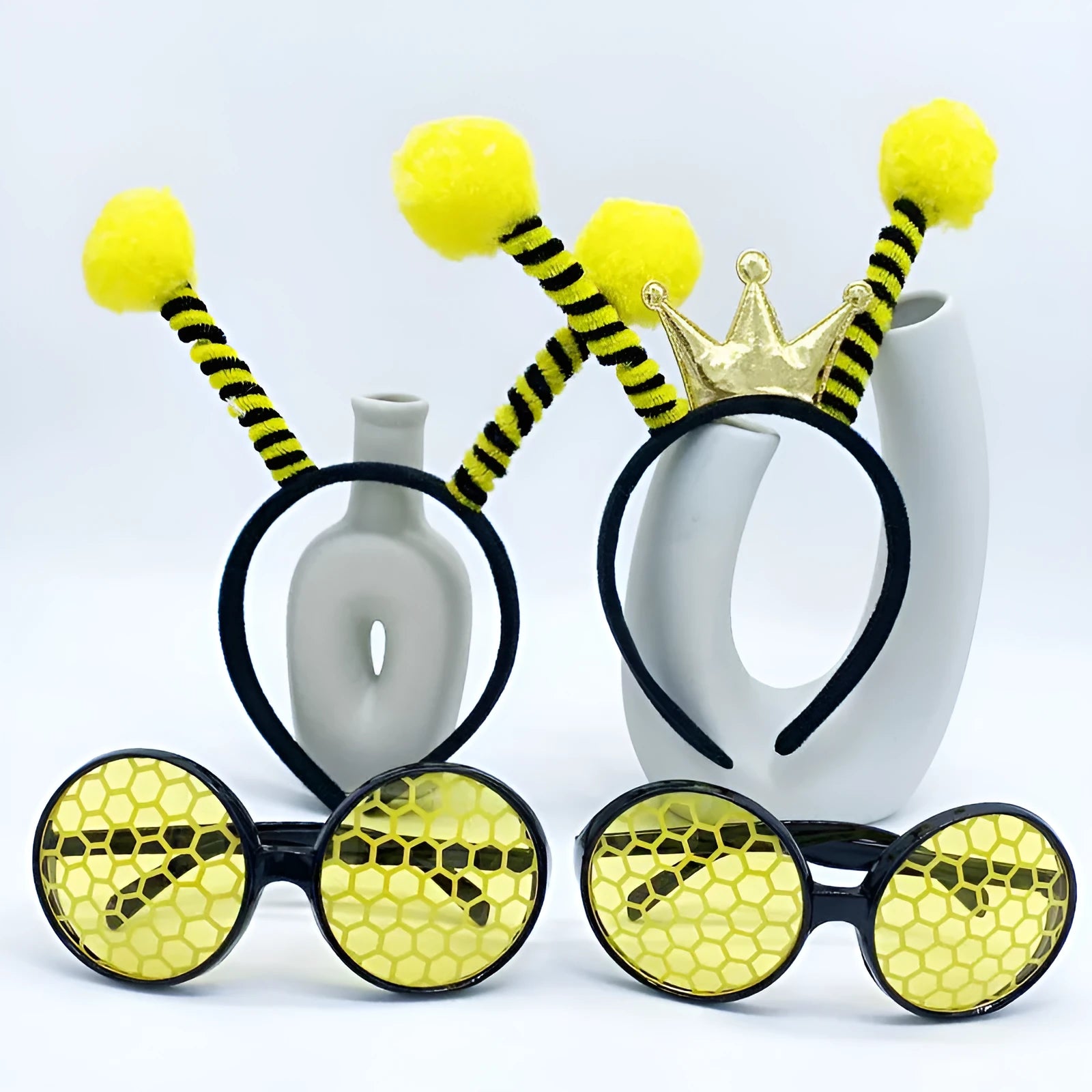 Yellow bee-themed cloth headband and glasses costume accessory set.