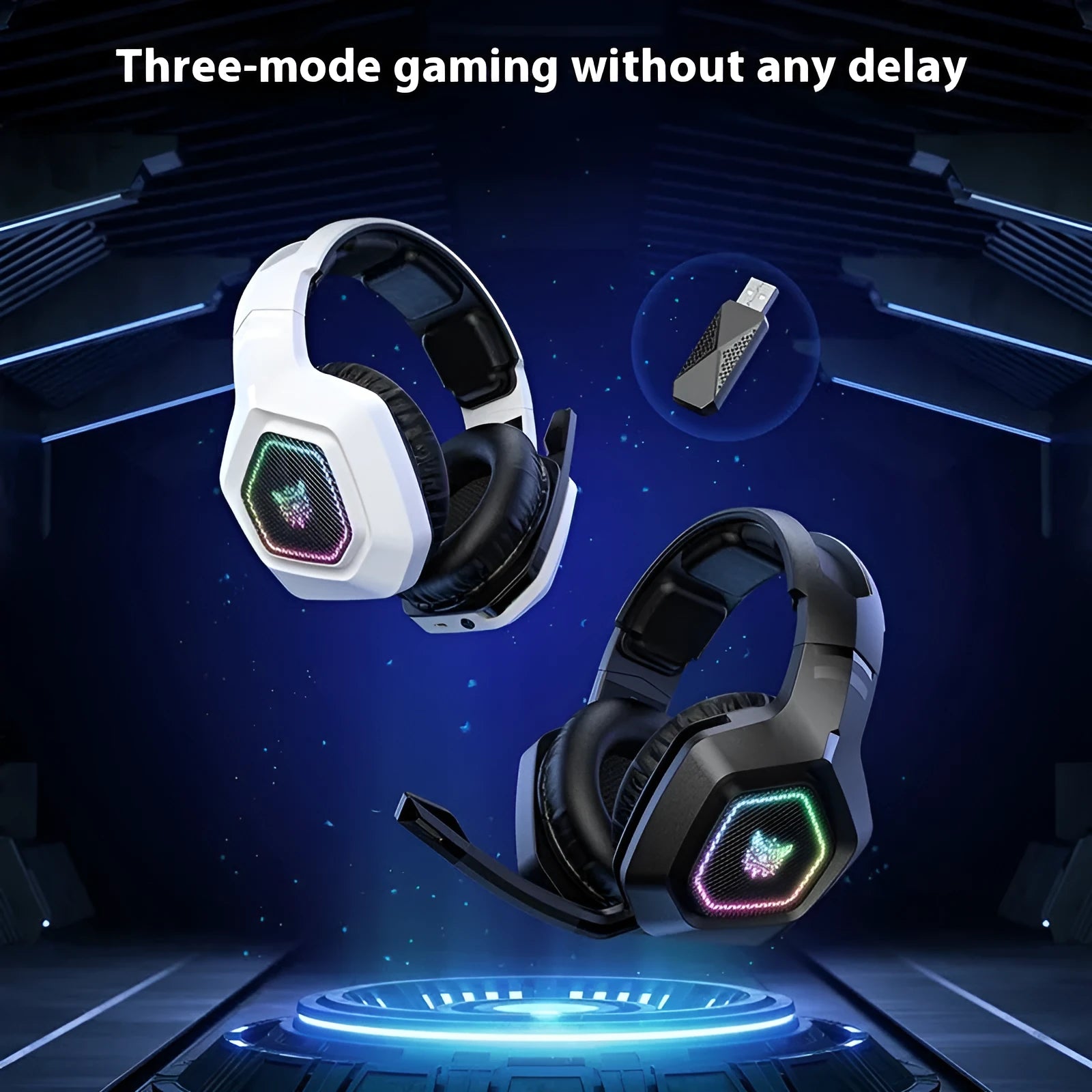 Black and white wireless gaming headset with RGB lighting, showing lightweight 24g design