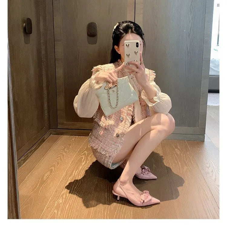 Women's Low-Cut Hollow Pointed Toe High Heels with Sharp Toe Bracket in Microfiber Available in White and Pink Sizes 35-40