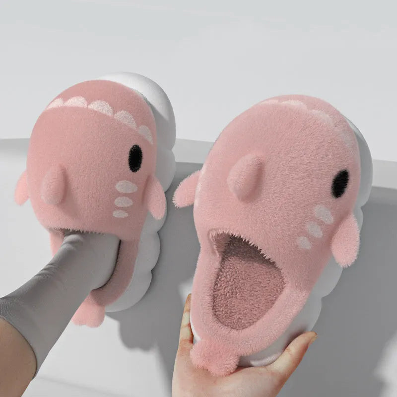 Shark slippers with suede upper embroidery design anti-skid sole winter house shoes grey