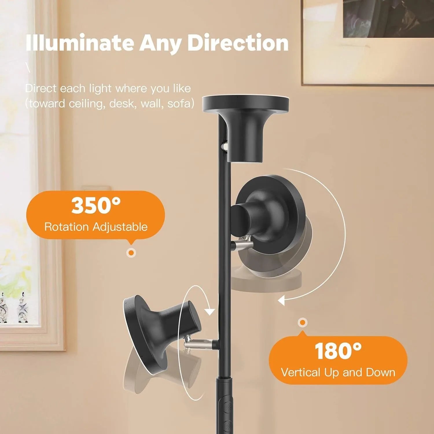 Adjustable metal floor lamp with remote control, 170cm tall, black finish, in a living room setting