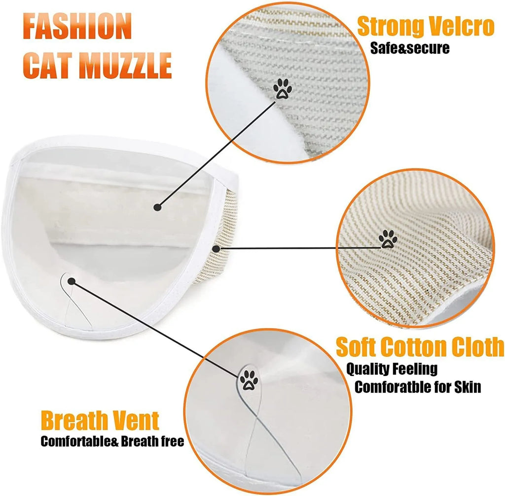 Clear PVC and cotton cat anti-bite muzzle shown in small and medium sizes for grooming.