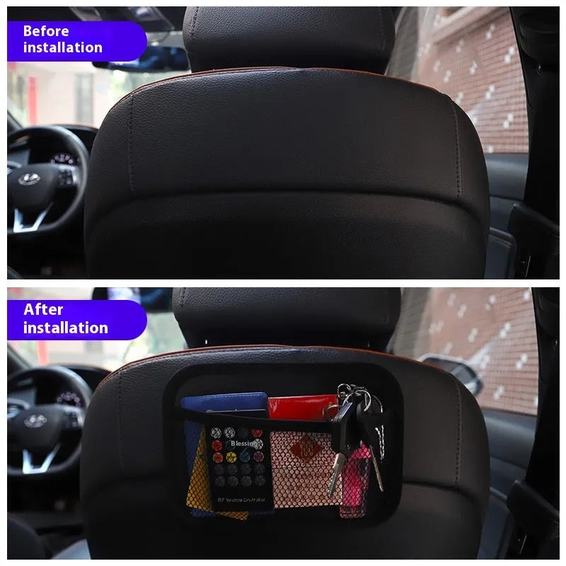 Adhesive polyester mesh net storage pocket for car and home, shown in large or small size.