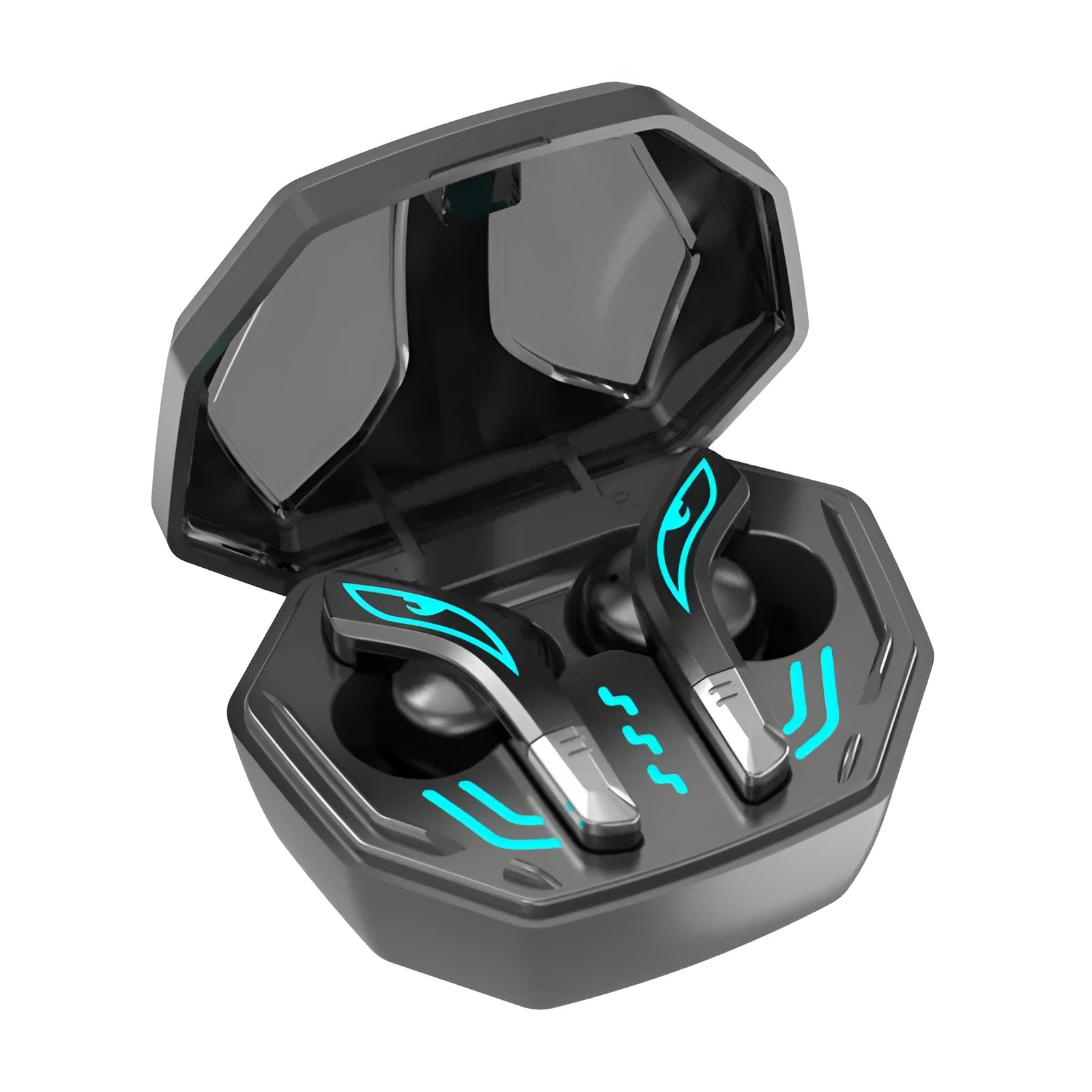 X15 black wireless Bluetooth in-ear gaming headphones with charging case