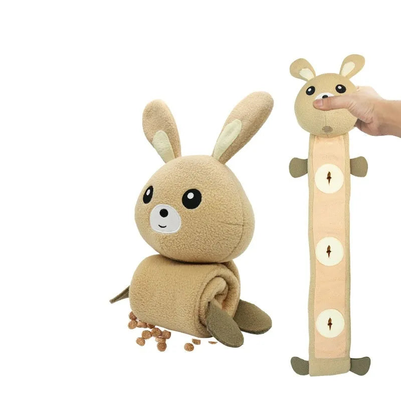 A 65 cm long plush Fleece Rabbit dog toy designed for sniffing games, sound-making, and bite-resistant chewing.
