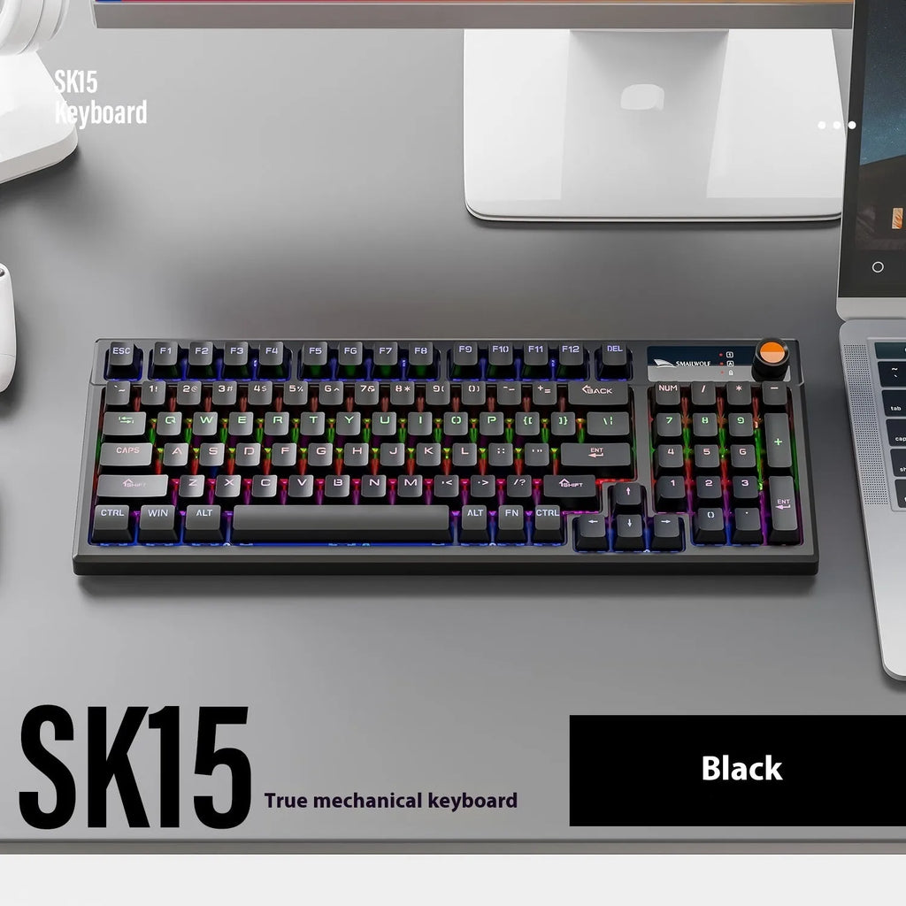 SK15 wired mechanical keyboard with volume knob in Black, Sunset Orange, or Autumn Water Blue colours