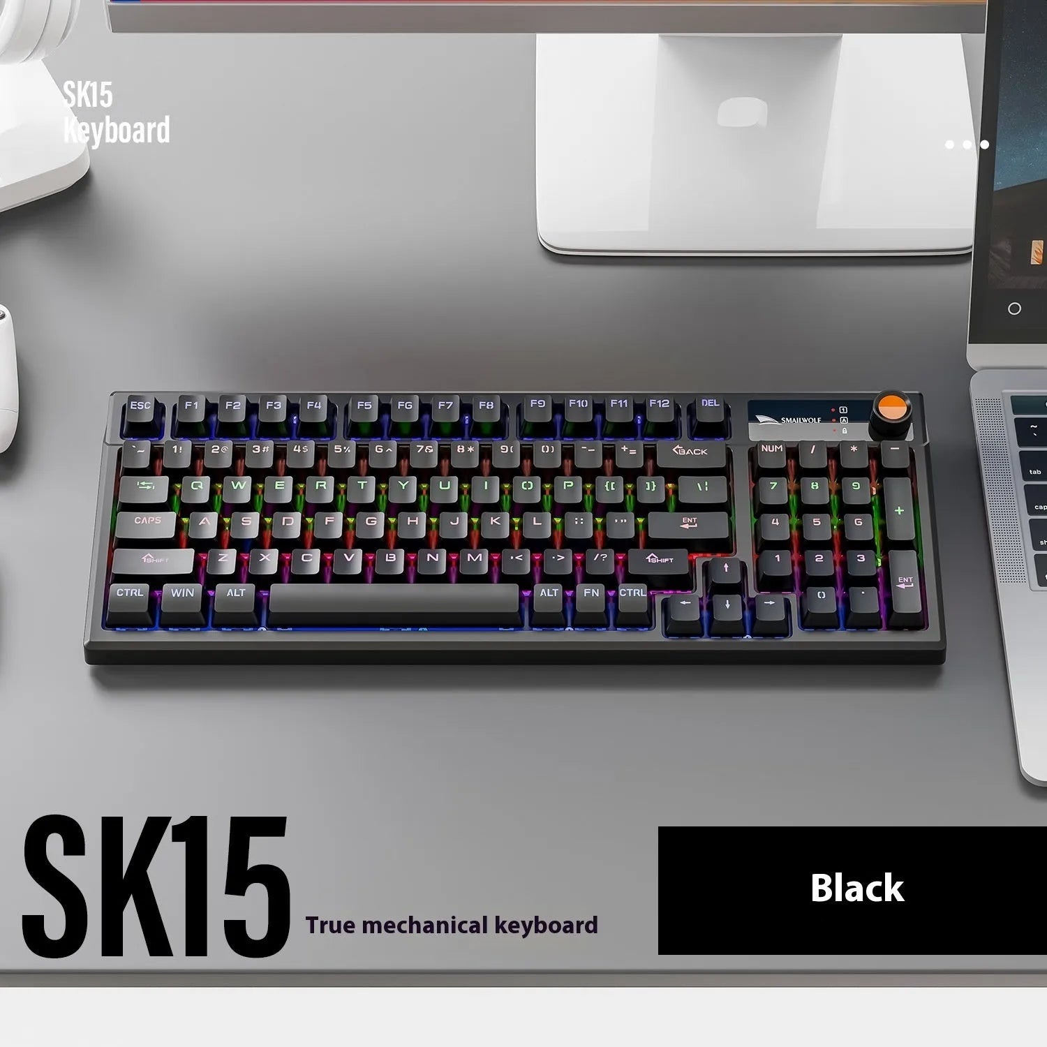 SK15 wired mechanical keyboard with volume knob in Black, Sunset Orange, or Autumn Water Blue colours