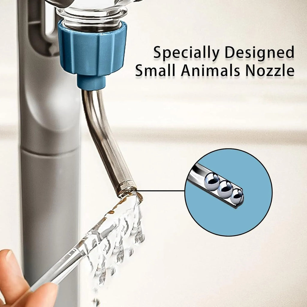Blue small animal water bottle with rotatable nozzle and stainless steel ball valve for cage mounting.