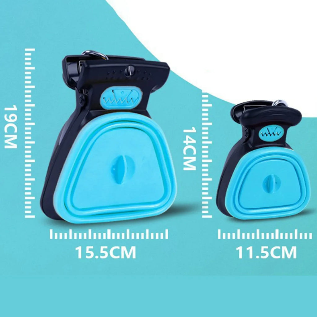 Blue portable pooper scooper with clip and bag dispenser for dog waste cleanup.