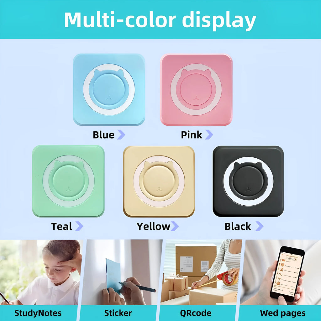 Pocket mini thermal label printer 80x80x35mm USB interface in black and macaron colours