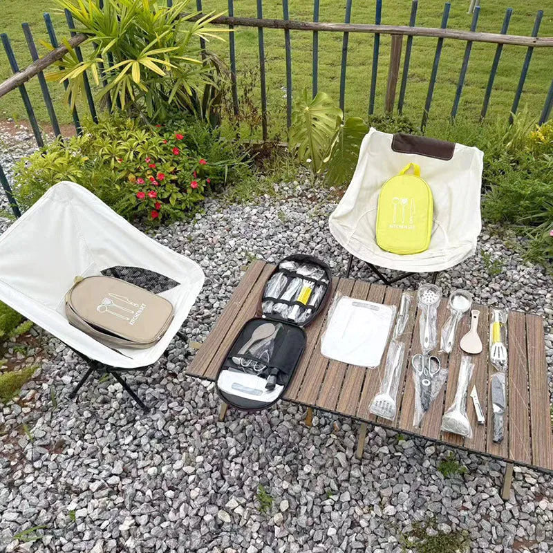 12 piece stainless steel picnic kitchenware set in portable storage bag for outdoor dining