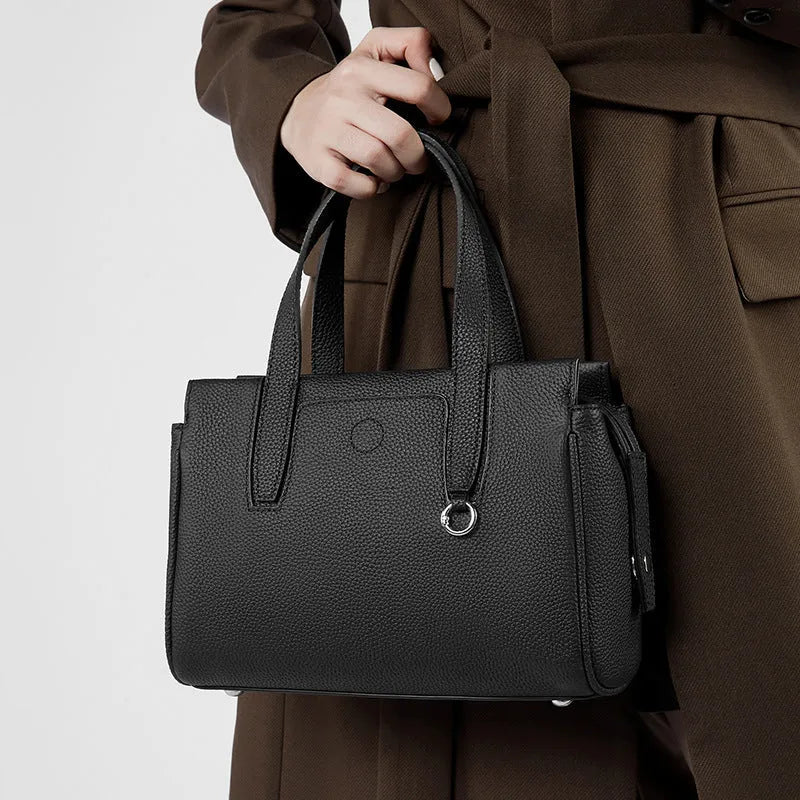 Genuine cowhide leather crossbody bag with horizontal square design in black, brown, and grey colour options