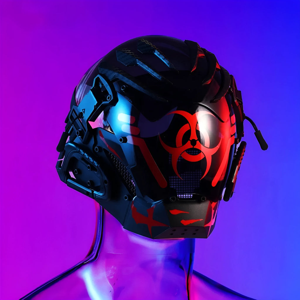 Black full face plastic prop mask helmet with a bioweapon-inspired cyberpunk design.