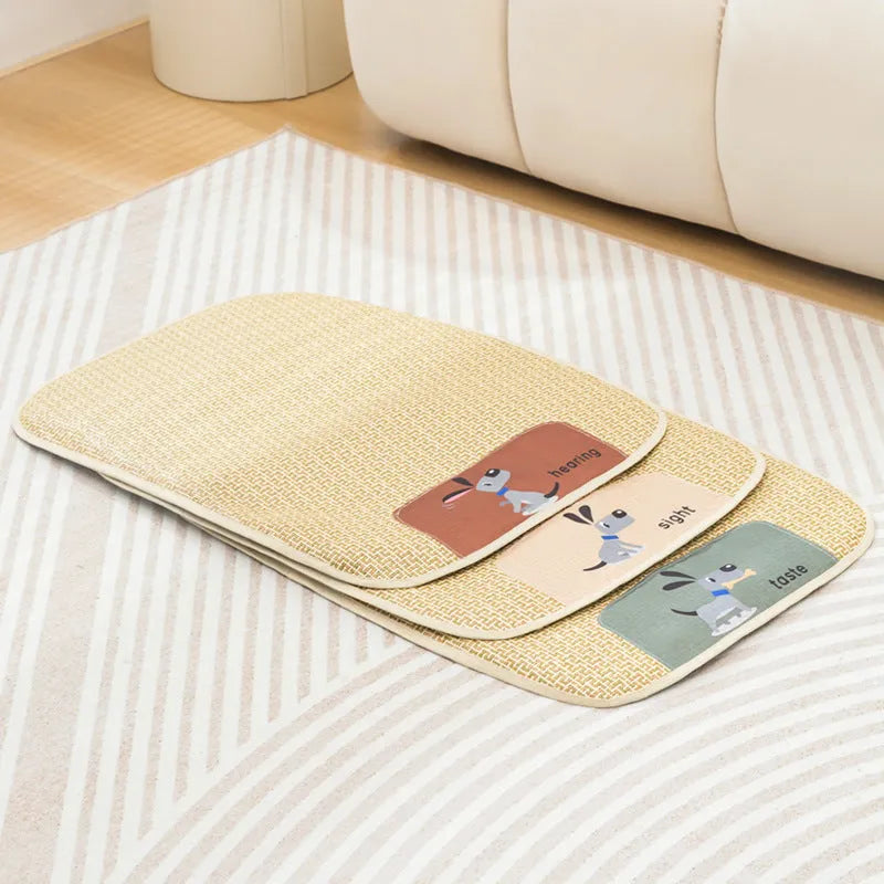 Beige woven pet cooling mat for cats and dogs, size M (75x55cm), laid on a wooden floor