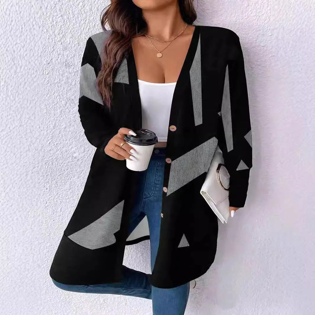 Black plus size loose fit cardigan coat with button stitching and printed details in Japanese Korean style