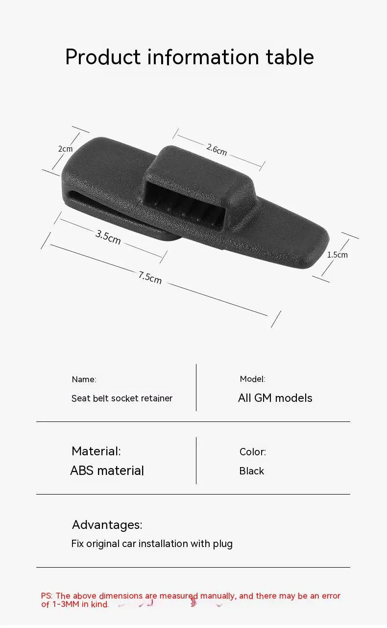 Two black ABS plastic car seatbelt stopper clips for adjusting length and preventing neck pinch.