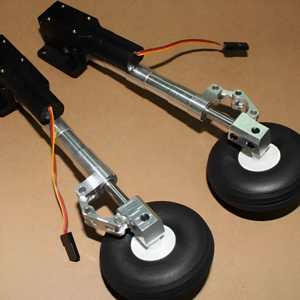Retractable alloy shock-absorbing landing gear for electric aircraft models with choice of wheel sizes.