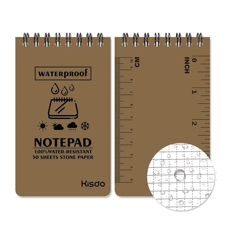 Waterproof spiral-bound notepad with stone paper pages and PP cover in camouflage colour options.