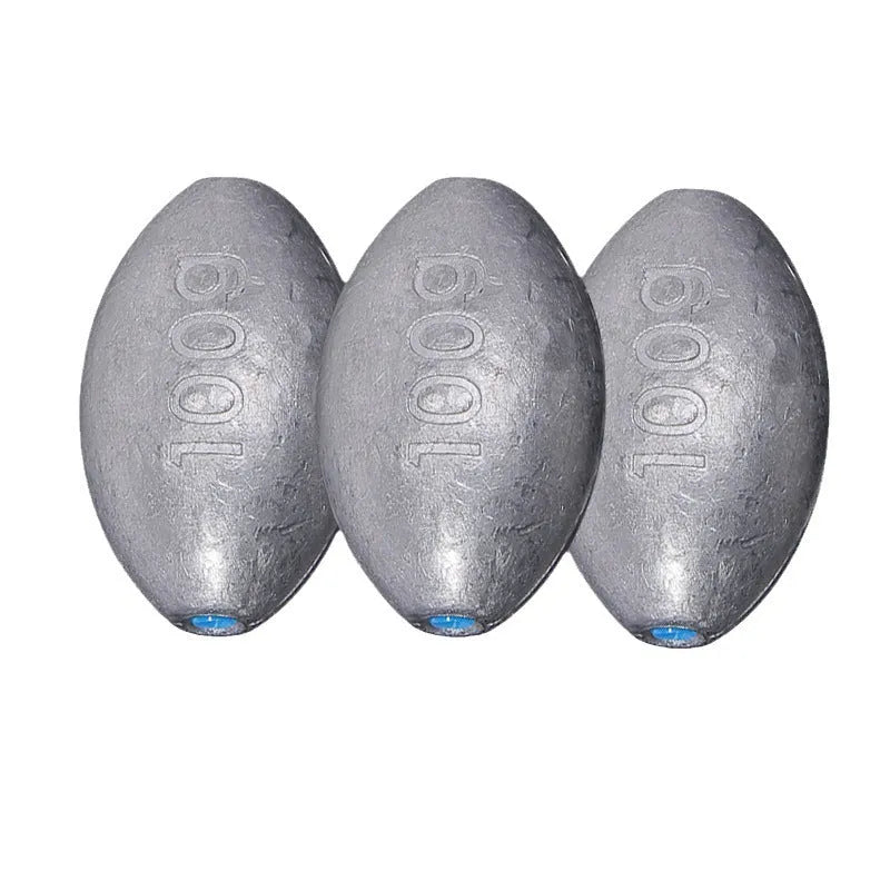 Tongxin Sinker olive pendant fishing weight with rugby shape and scale texture, weights from 10g to 150g.
