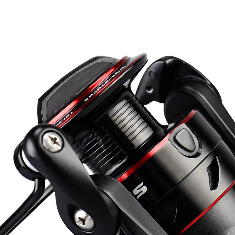 All-metal spinning fishing reel shown in 2000, 3000, 4000, and 5000 series sizes for telescopic rod fishing.