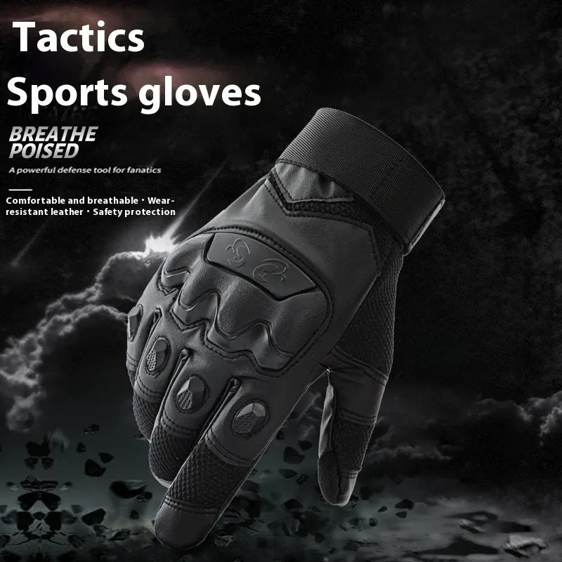 Men's black full finger tactical gloves with touch screen fingertips on a grey background.