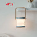 White foldable USB rechargeable LED lamp showing table lamp and lantern modes with touch dimmer.