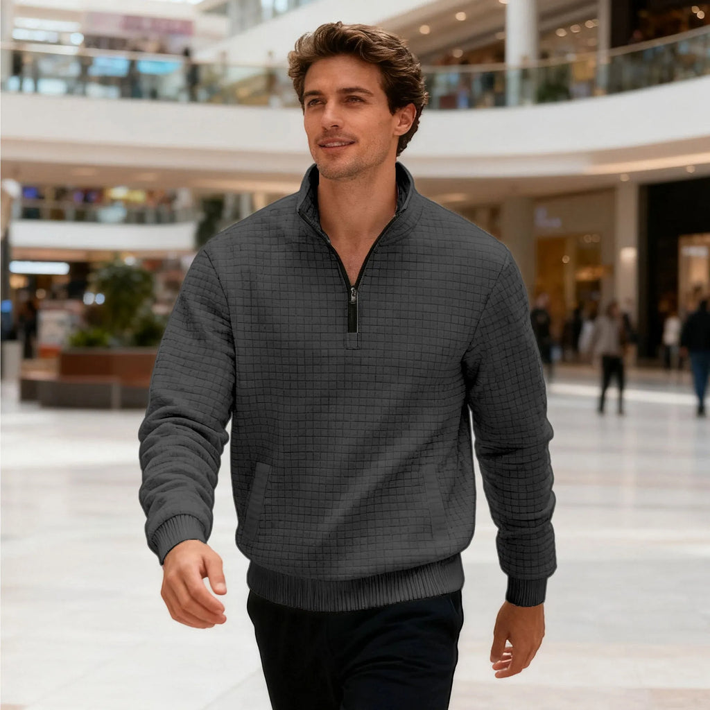 Men's stand-up collar jacquard small check sweatshirt with long sleeves and side pockets on a model