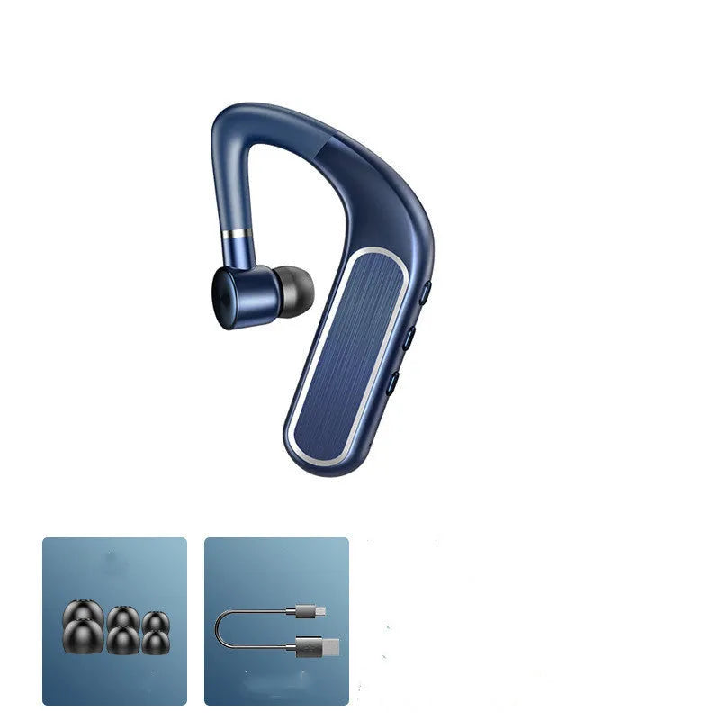 Black Bluetooth hanging ear earphones shown with a charging warehouse and three sizes of ear caps.
