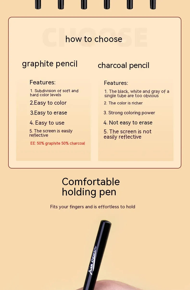 Set of six wood-free graphite sketching pencils in grades HB, 2B, 4B, 6B, 8B, and EE