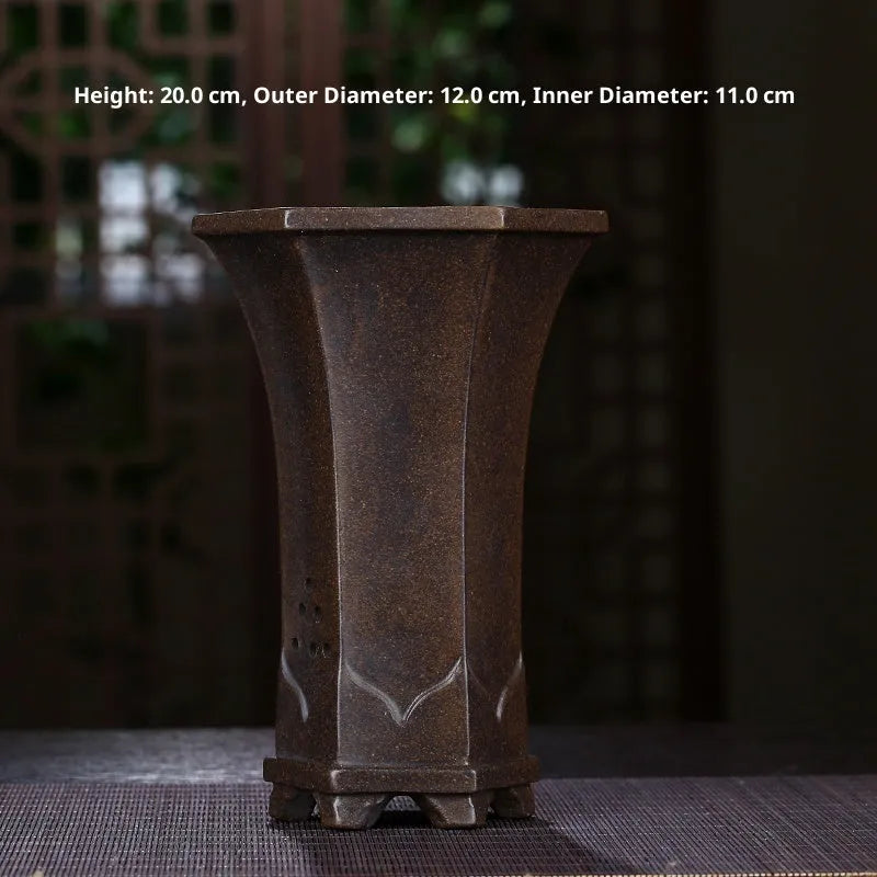 Purple sand ceramic orchid pot with pallet, classical style, 28mm size, multiple drainage holes, antique bronze finish