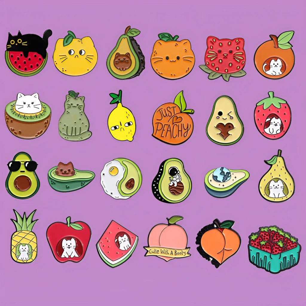 Colourful cartoon fruit design metal brooch with letters shape on a zinc alloy pin.