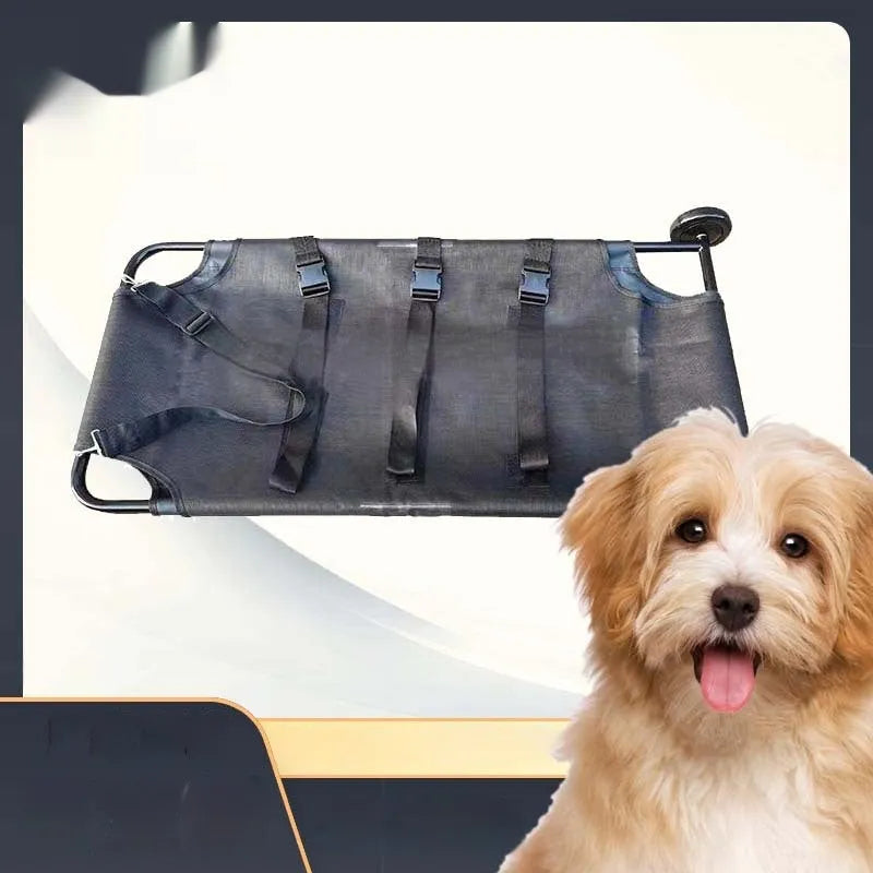 Large black aluminium alloy foldable pet stretcher for emergency dog transport.