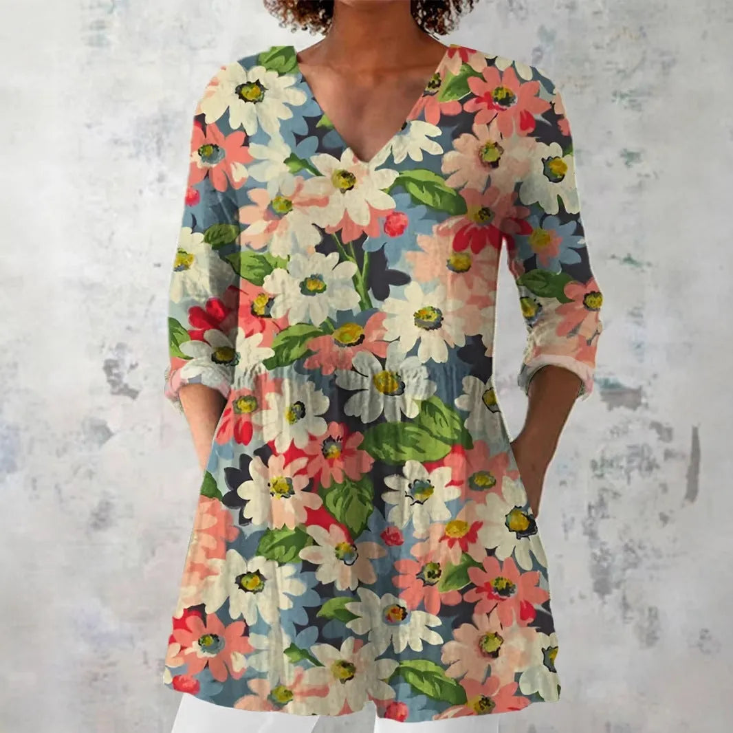 Women's retro-style slim fit long-sleeved top with a printed pattern, shown in a selected colour.