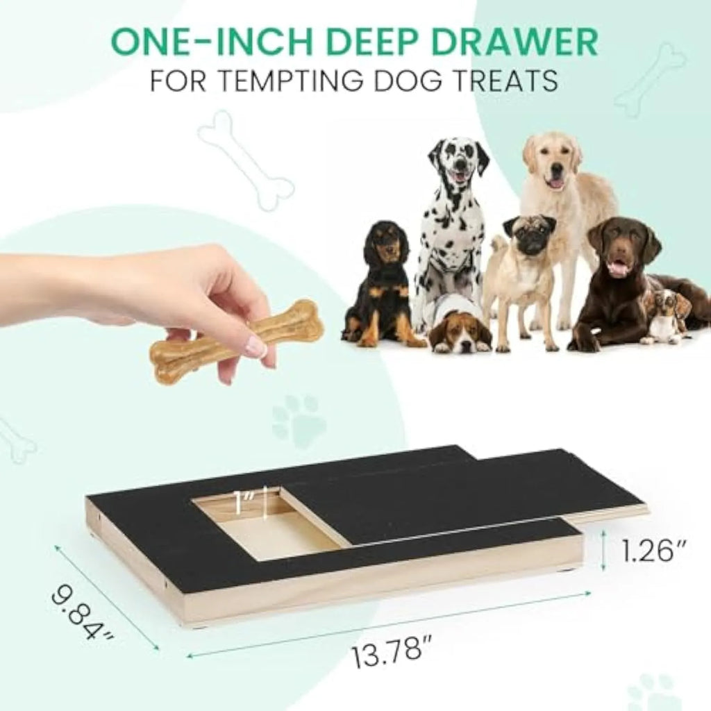 Premium wood dog nail scratch board with treat drawer and non-slip pads on a floor.