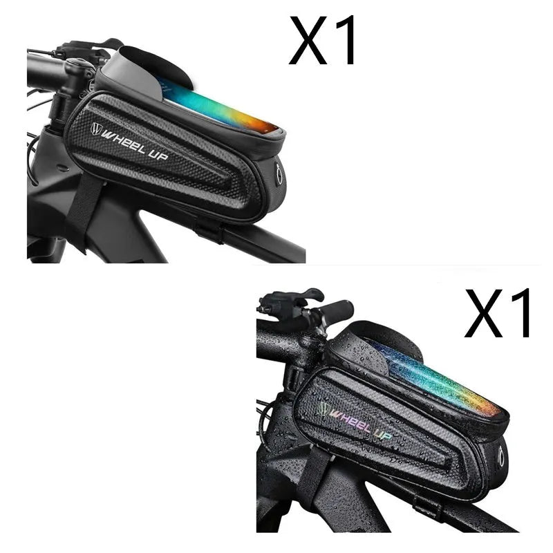 Black grey EVA bicycle phone bag with touchscreen window and reflective straps mounted on mountain bike frame