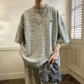 Men's grey retro letter print T-shirt with three-dimensional design and loose fit