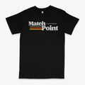 Black men's T-shirt with a 3D digital printed text pattern on the front.