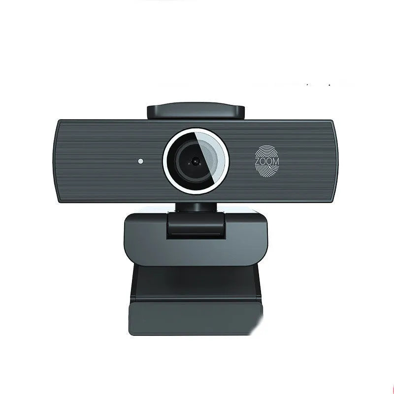 Black USB webcam with magnetic privacy cover showing 8MP 4K resolution and auto focus features