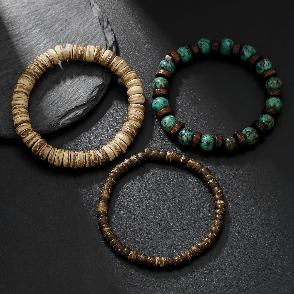 Retro men's coconut wood multi-layer stackable bracelet set with round beads