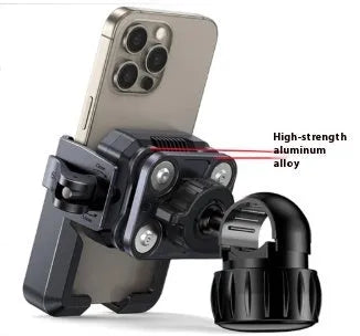 Black aluminium alloy shock absorber motorcycle phone bracket mounted on a handlebar.
