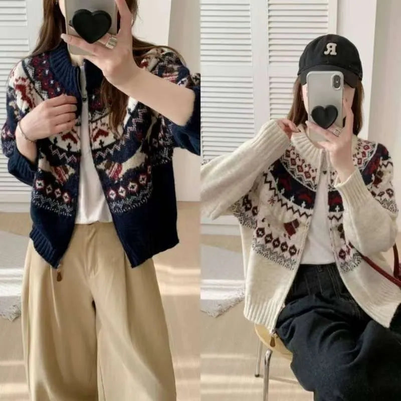 Ethnic style beige apricot pullover sweater with a 3D jacquard pattern and round neck.