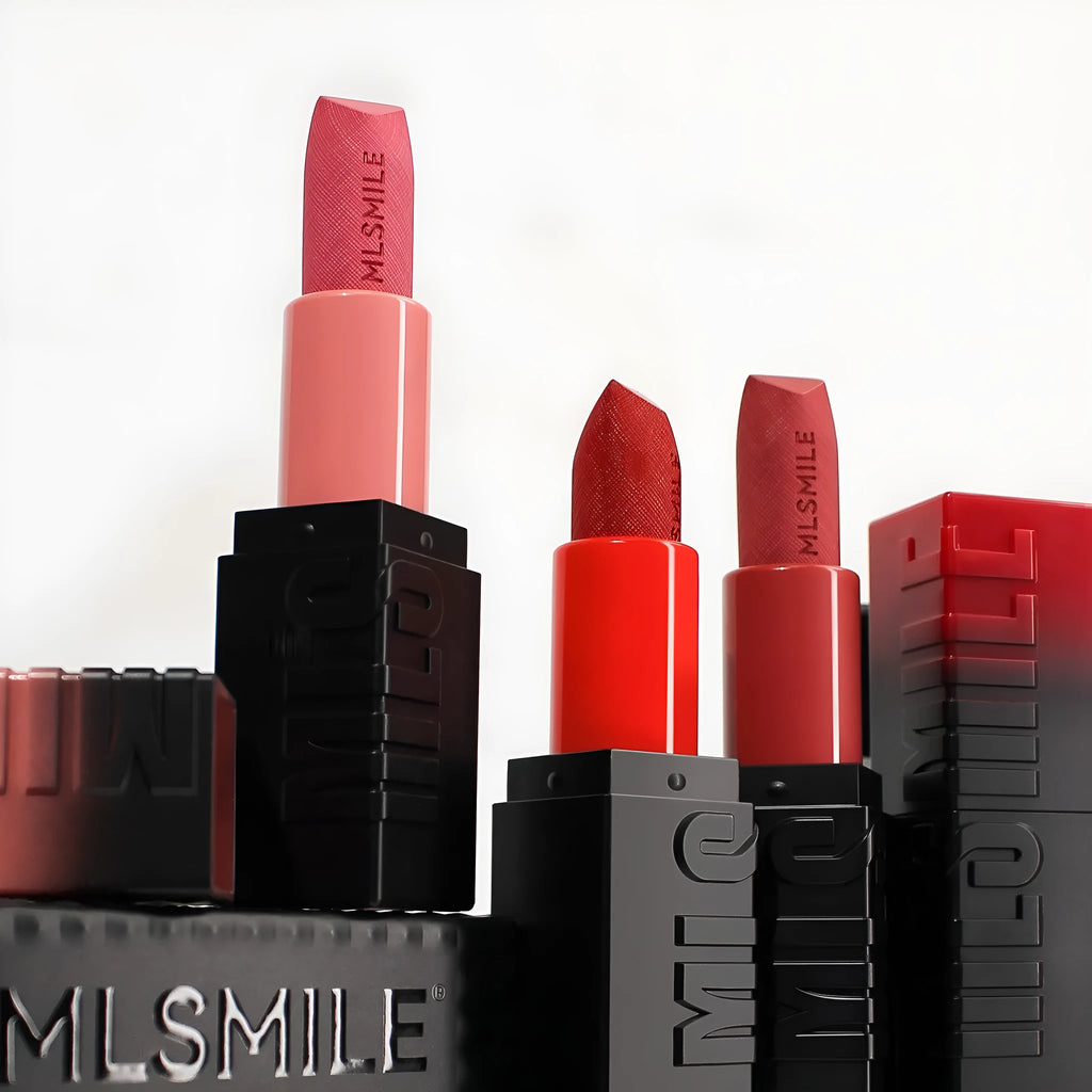MLSMILE embossed lipstick three-piece set showing three lipstick bullets and packaging