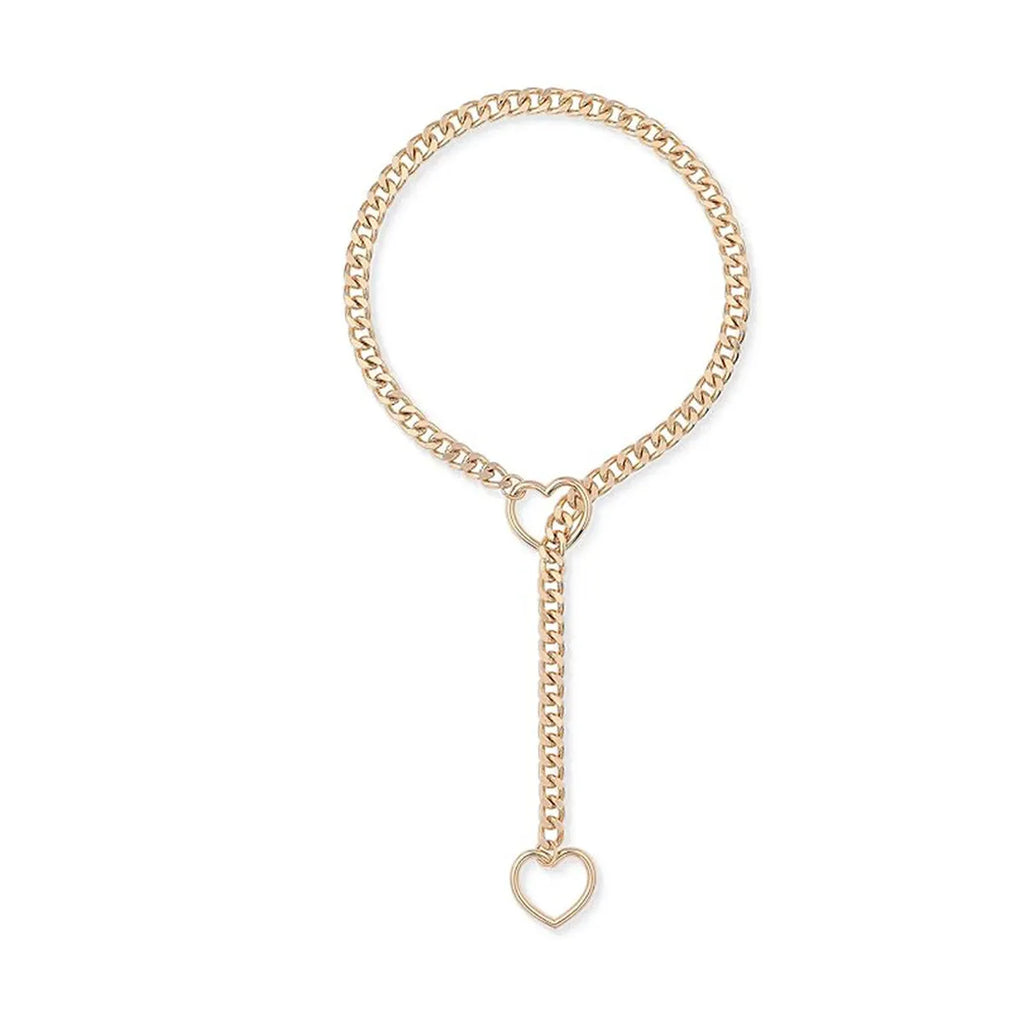 Stainless steel lariat heart necklace with long regular chain in steel, gun black, or gold