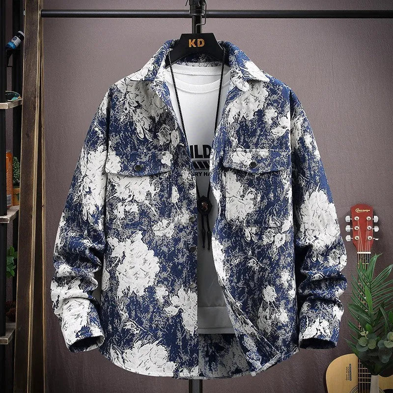 Casual lapel shirt coat in polyester fibre, shown in a colour option like blue or black, with long sleeves and a straight hem.