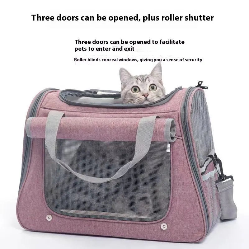 Canvas pet carrier bag in gray with large 35-litre capacity for cat travel, hard-sided and breathable design
