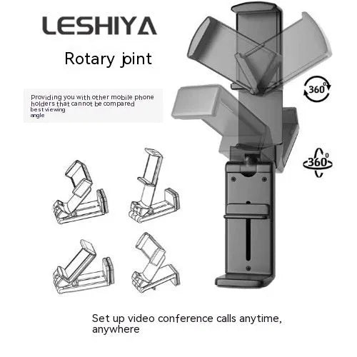 Foldable rotating phone holder in black grey and green colours showing adjustable viewing angles