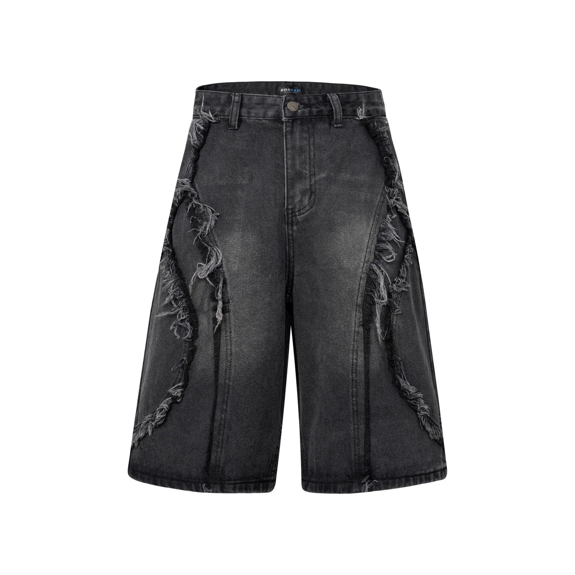 American Pu Shuai distressed straight leg denim shorts in black, shown with raw hem details.