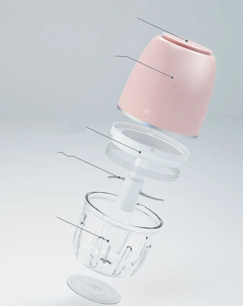 Household electric ice crusher in cherry blossom powder colour on countertop, 200W, 105x105x205mm
