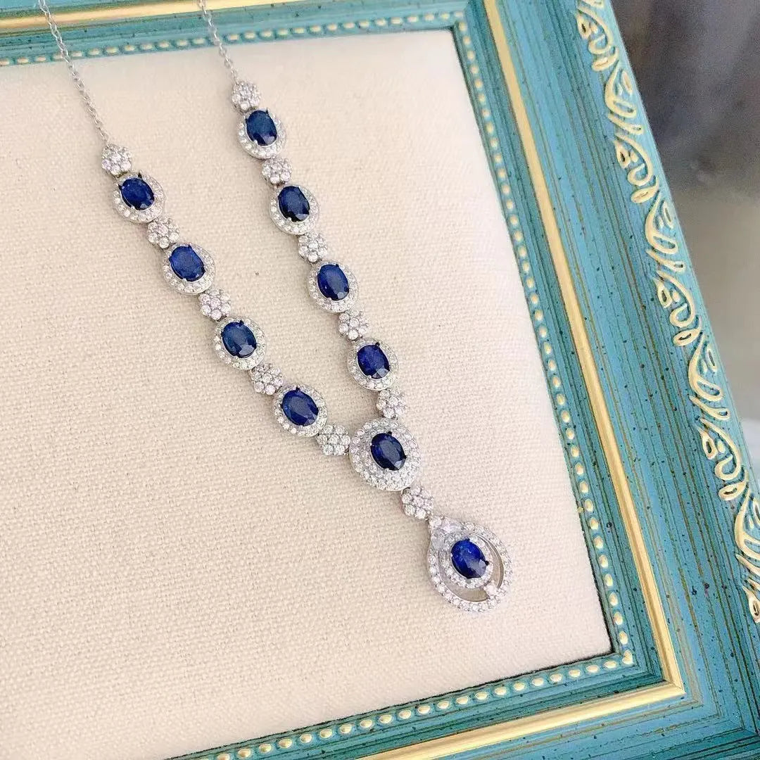 925 silver necklace with natural Sri Lankan sapphire and white gold colour geometric pendant